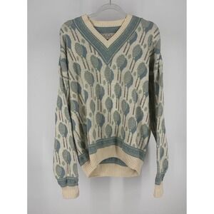 Vintage USA Crossings Racquet Print Sweater Mens L AOP Novelty Dad Tennis Vneck